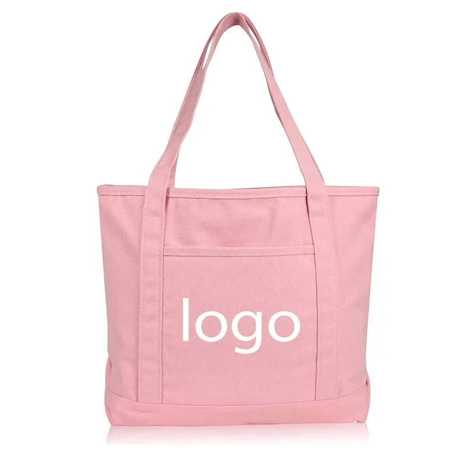 Borsa Tote in tela rosa di cotone tinta unita da donna con cerniera riciclata da viaggio a buon mercato