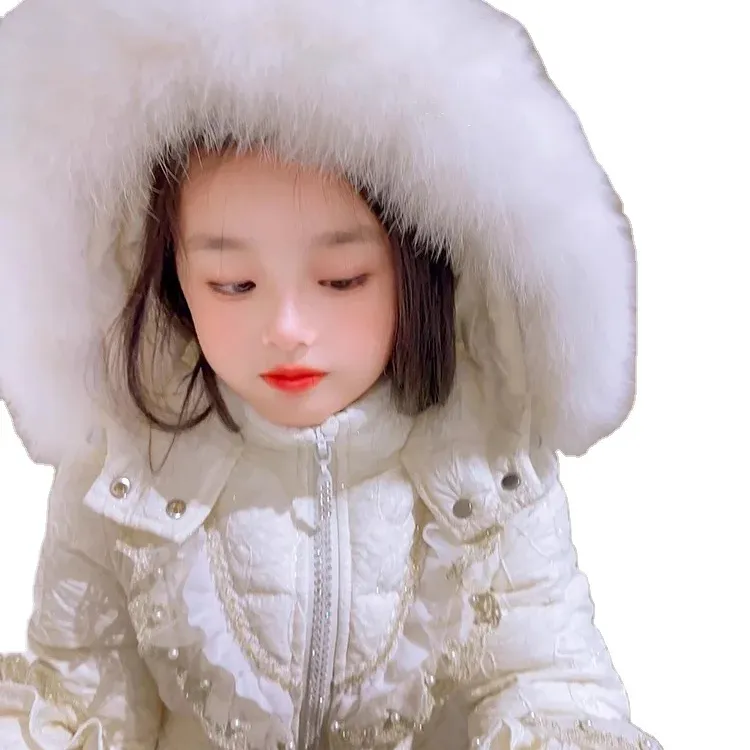Chaqueta de plumas para niñas coreanas Invierno 2024 nuevo estilo extranjero princesa realmente gran cuello de pelo largo y grueso abrigo