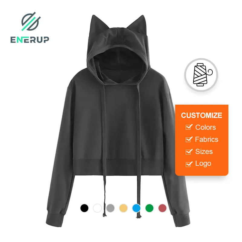 Enerup Mulheres Casual Woven Hoodie Personalizado lavado pulôver preto de malha camisolas com Sublimated Print Crop Top