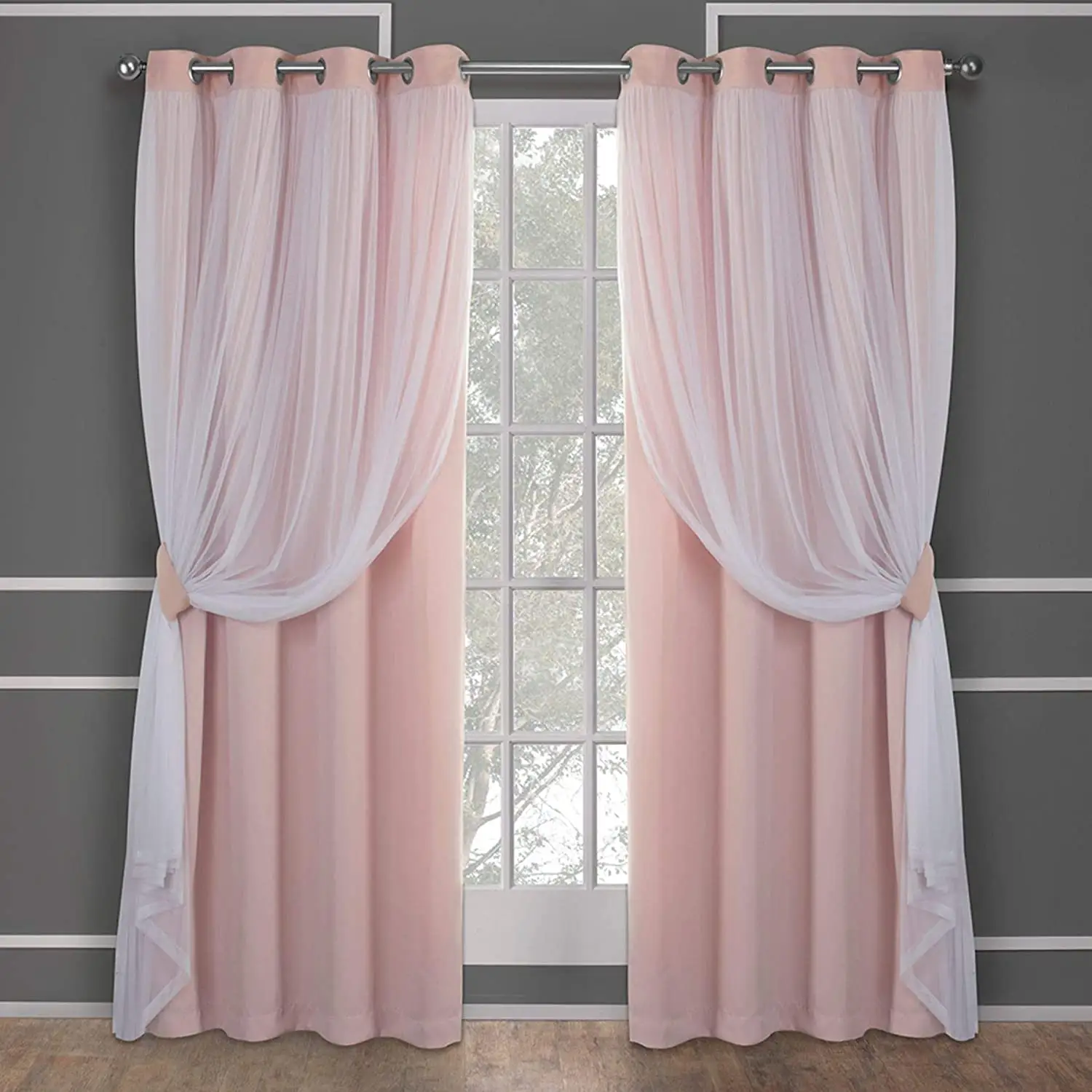 Cortinas opacas con revestimiento transparente para niñas, cortinas opacas de color rosa que combinan con cortinas transparentes blancas, cortinas de oscurecimiento para habitación elegante