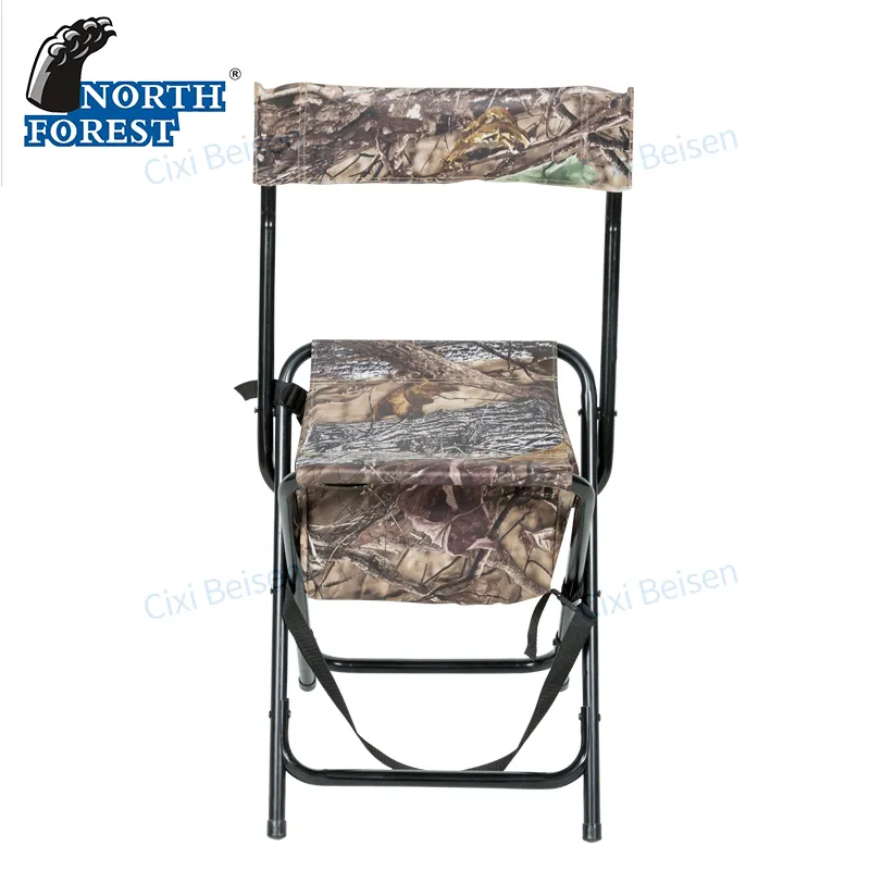 Kursi lipat desain portabel ringan Highback, kursi berkemah luar ruangan kamuflase berburu lipat dengan sandaran