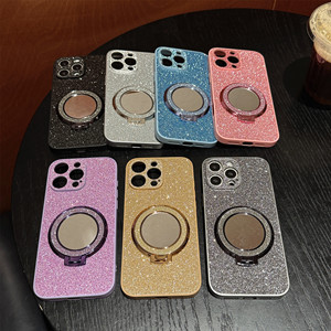 Glitter Back Phone <strong>Case</strong> for iPhone 11-16 Pro Max <strong>Make</strong> <strong>up</strong> Mirror Girl Phone Cover <strong>with</strong> Back Ring Holder Stand