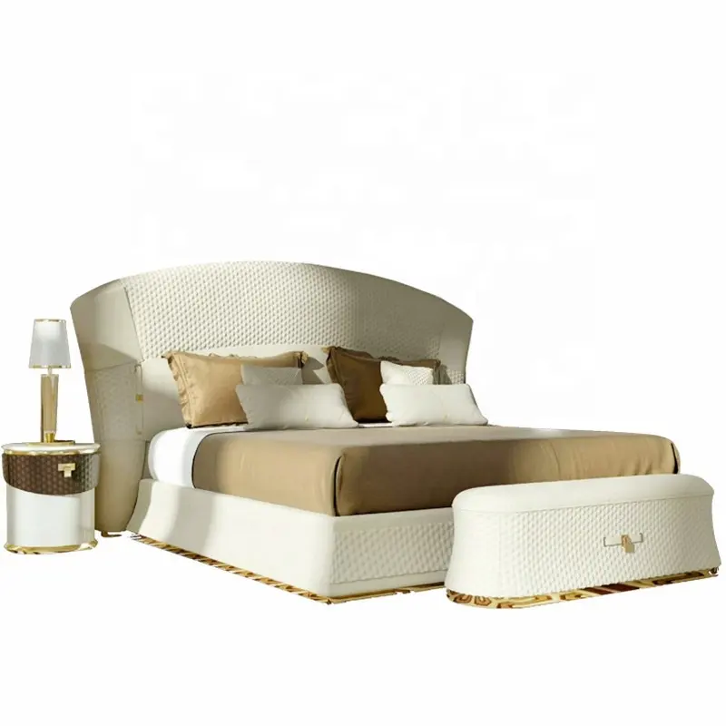 Post-Modern Leather Bed Scandinavian Luxury Bedroom Furniture Set Metal With Gold Plating
