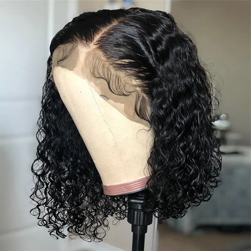 Atacado 100% Humano Peruca de Cabelo Curto Encaracolado Perucas Bob Para As Mulheres Negras 10 polegadas Peruca Dianteira Do Laço Com Cabelo Do Bebê