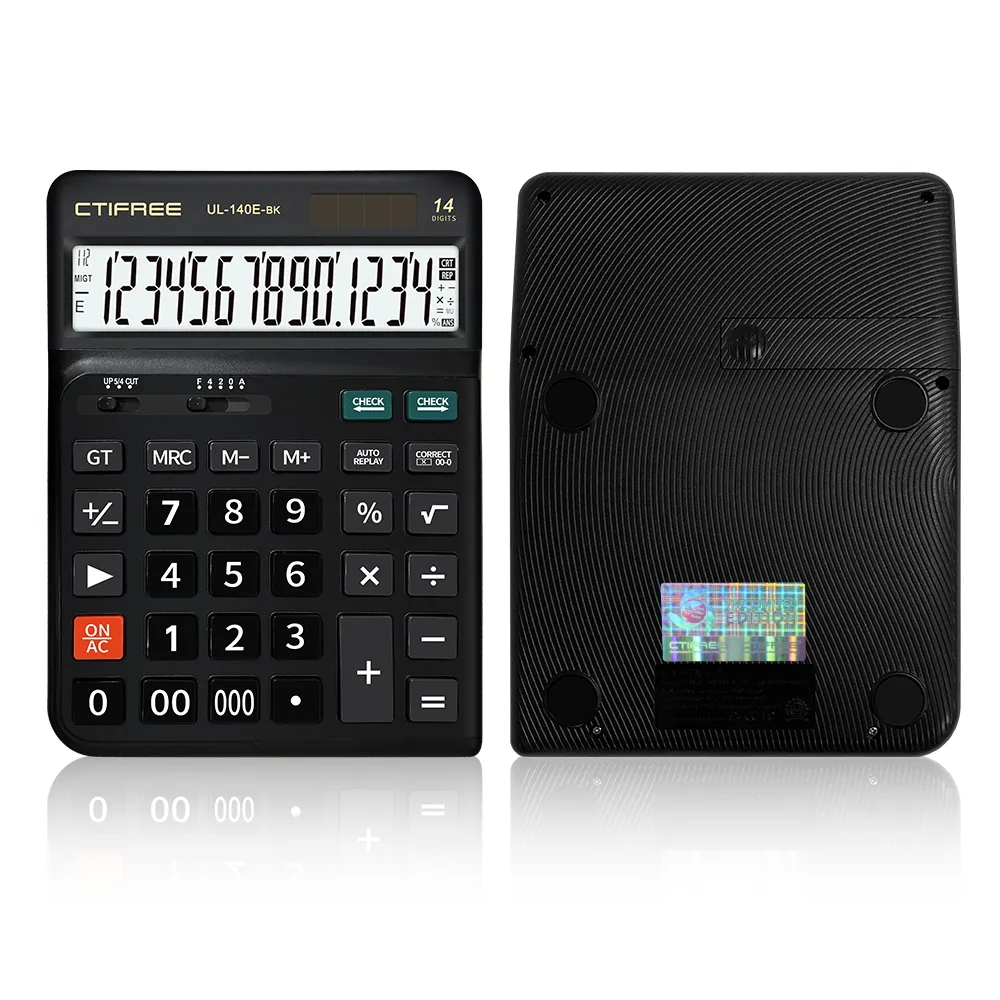 2024 nueva calculadora ergonómica de escritorio de oficina de mano de doble potencia de 14 dígitos con pantalla LCD grande botón sensible grande