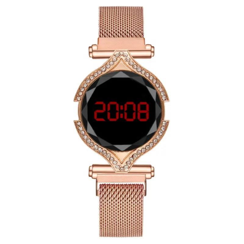 นาฬิกาข้อมือแม่เหล็กสำหรับผู้หญิง,นาฬิกาดิจิตอลอิเล็กทรอนิกส์หน้าจอสัมผัส Led นาฬิกาข้อมือเพชรสีชมพูมีสไตล์