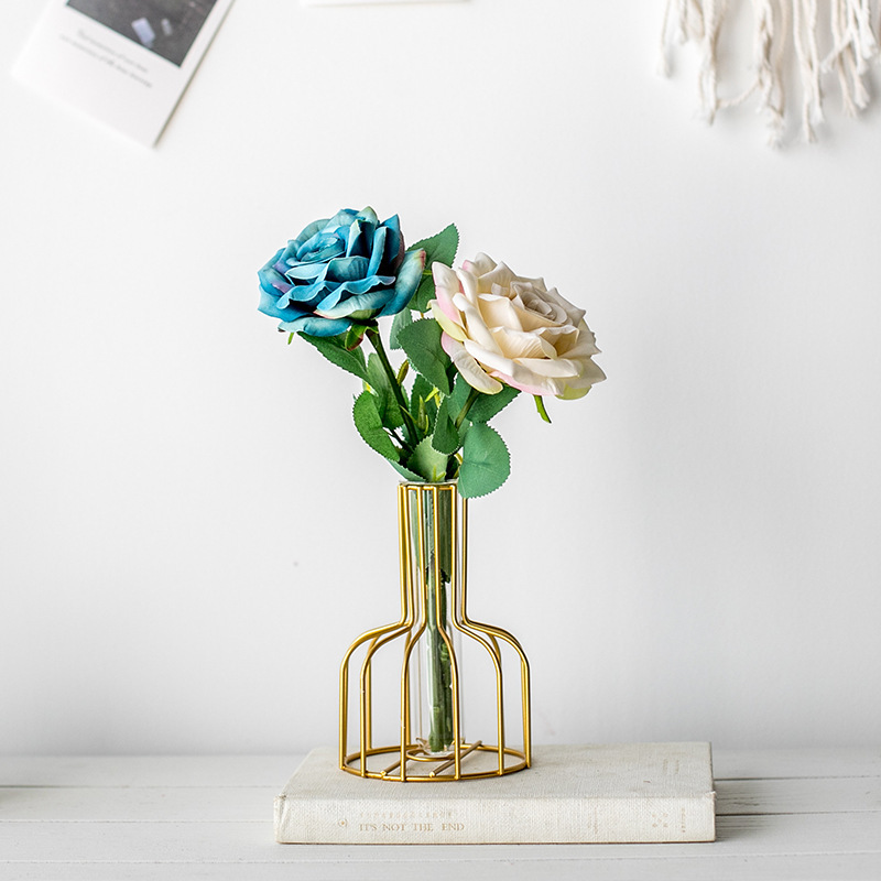 Test tube flower vase, one rose, one blue, one white