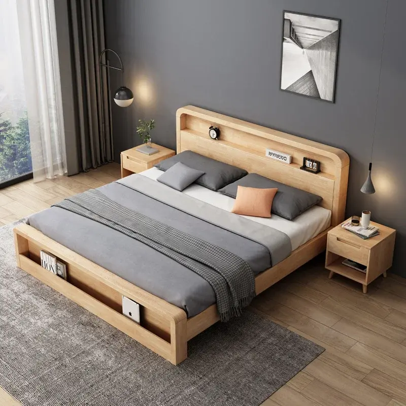 Mobília luxuosa moderna do quarto tamanho dobro mobília home moderna camas do quadro da cama da madeira maciça com armazenamento