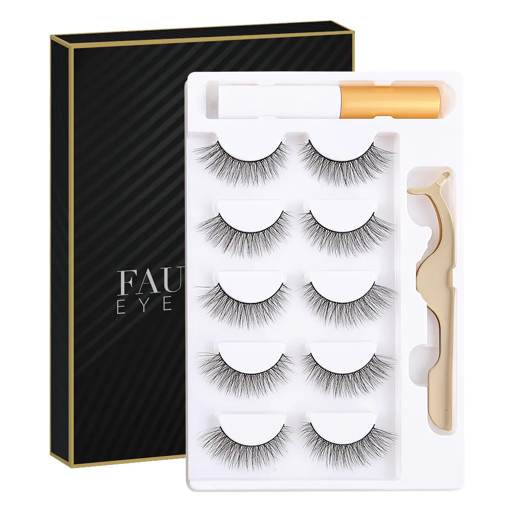 5 pairs natural eyelash set 3d fake strip cat eye lash kit with glue and tweezers 3d faux mink false full strip eyelash kit