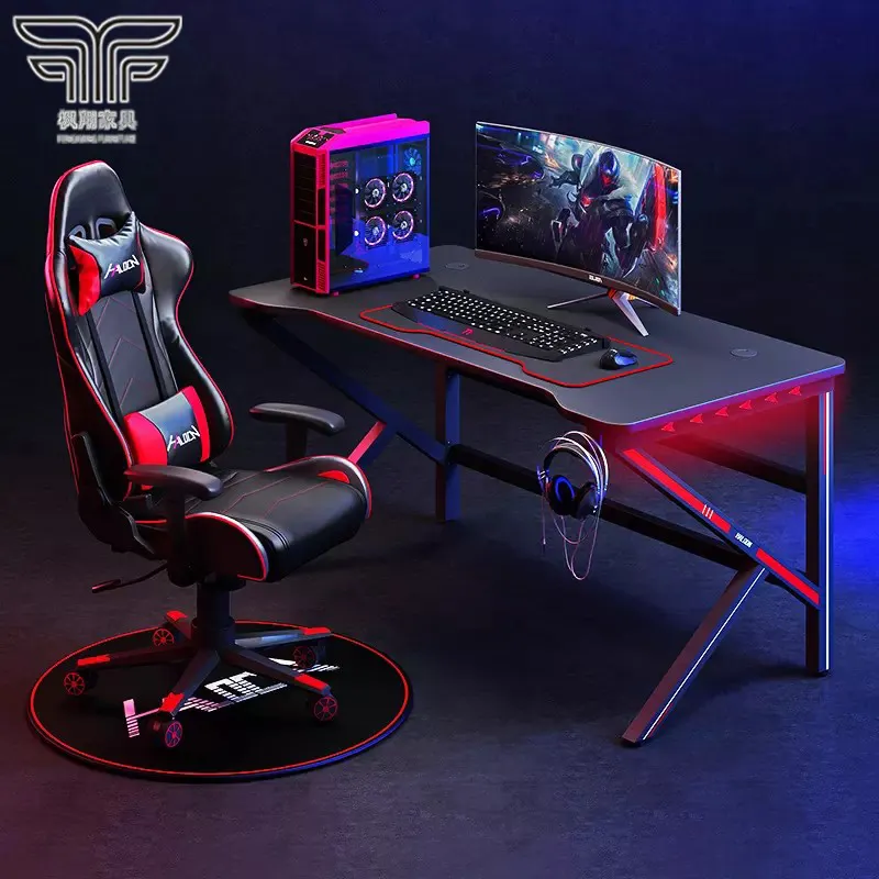 Free Sample Hot sale Home Black Office Computer Desk K Shaped Legs Gamer Table Led Light Desk Set Rgb Gaming Table