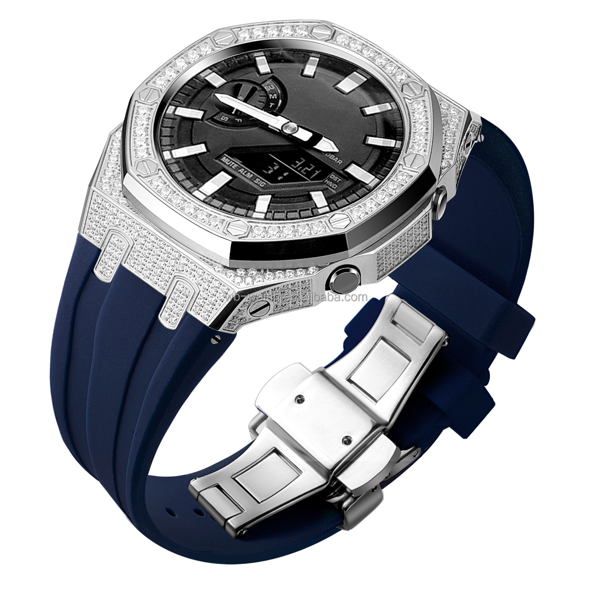 Diamond Set Silver Ring +Silver Case + Blue Strap