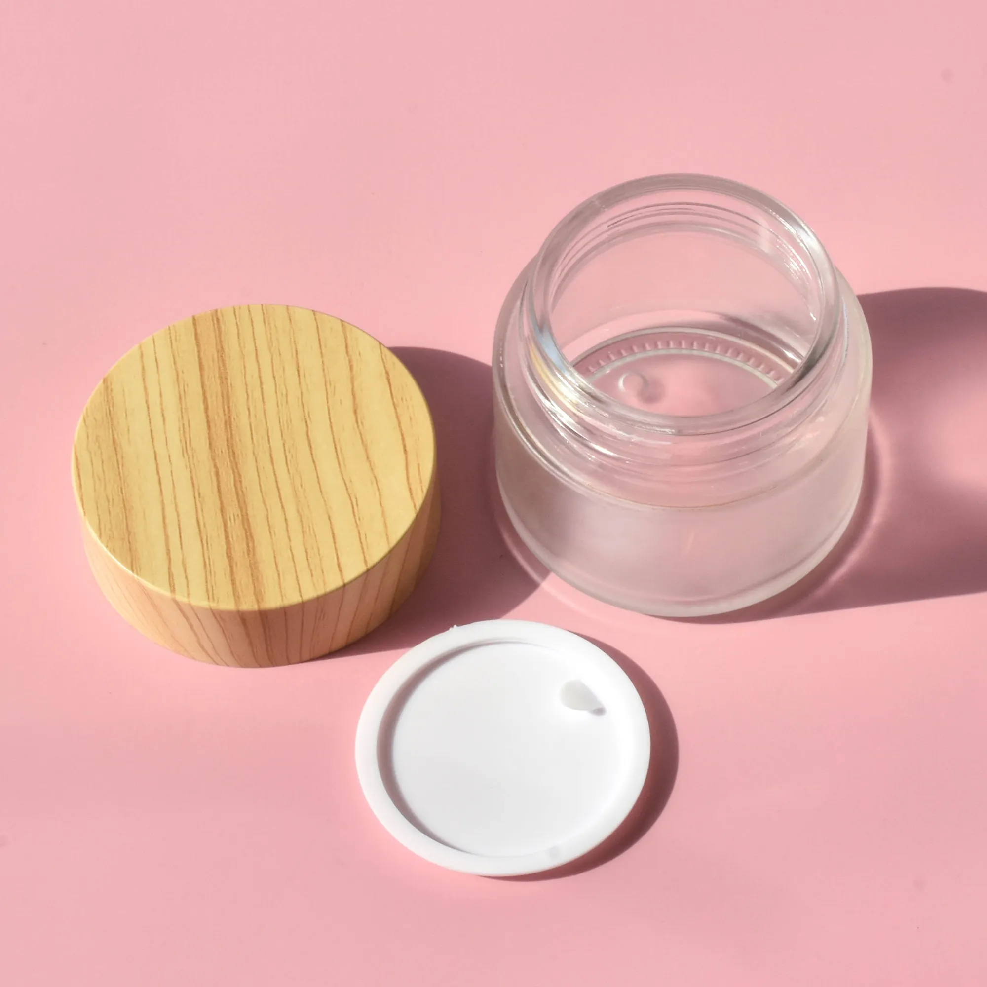Envase cosmético para crema facial 30ml 50ml 100mL Frasco de crema esmerilado de vidrio transparente esmerilado con tapa de madera de bambú