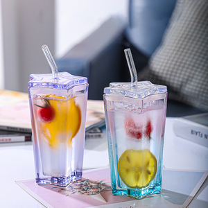 Wholesale Straw <strong>Coffee</strong> Cup Five-pointed <strong>Star</strong> Colored Glass Gradient Cup Cold Drink <strong>Coffee</strong> with Lid and Straw - Product Image 3