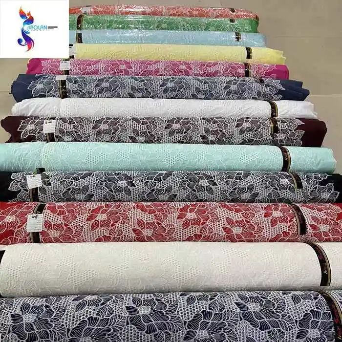 Tela bordada de algodón de lujo, venta al por mayor, tela bordada de algodón, productos listos, tela bordada con borde para vestido
