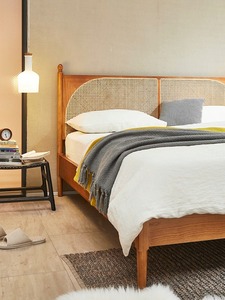 Nhật Bản Rắn Gỗ Nhà Ở Anh Đào Gỗ Đôi Cổ Điển Mây Dệt 1.51.8 Mét Hộ Gia Đình Nhỏ Giường Chính - Product Image 5