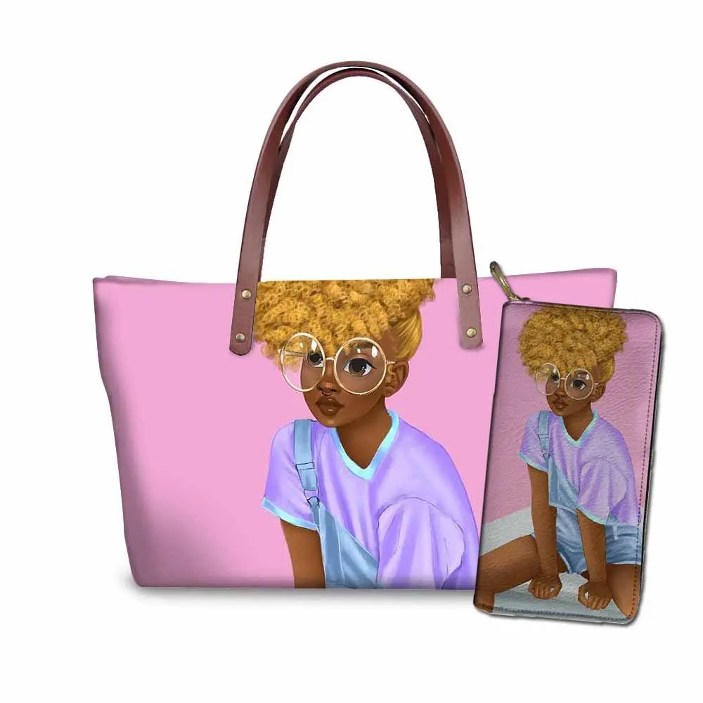 Le più recenti eleganti disegni di immagini di ragazza africana Designer 2 pezzi Set borsa giornaliera Logo personalizzato borse Casual moda Vintage da donna