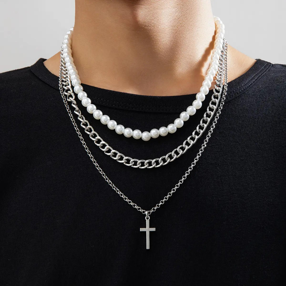 Collar largo de cadena con perla para mujeres y hombres, conjunto de collar de perlas cruzadas para hombres