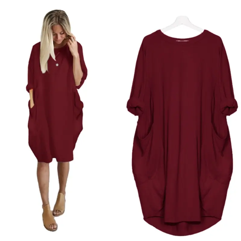 Платье-футболка женское свободного кроя, повседневный длинный мешковатый джемпер с длинным рукавом и карманами, пуловер, платье-футболка без рисунка