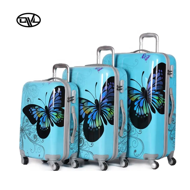 Bolsa de equipaje de viaje, carrito con estampado de película abs, mariposa azul, diseño personalizado, 20 "24" 28"