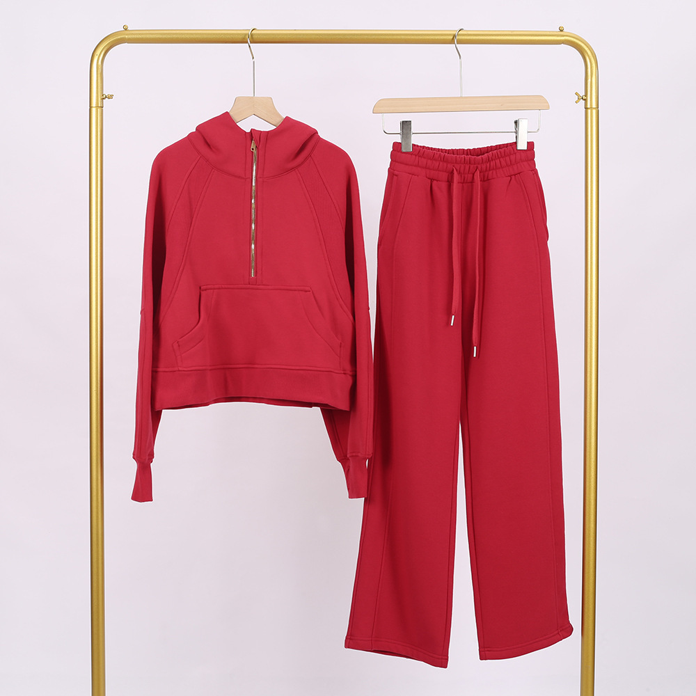 China red gold zipper hooded half-pull sweat pants set