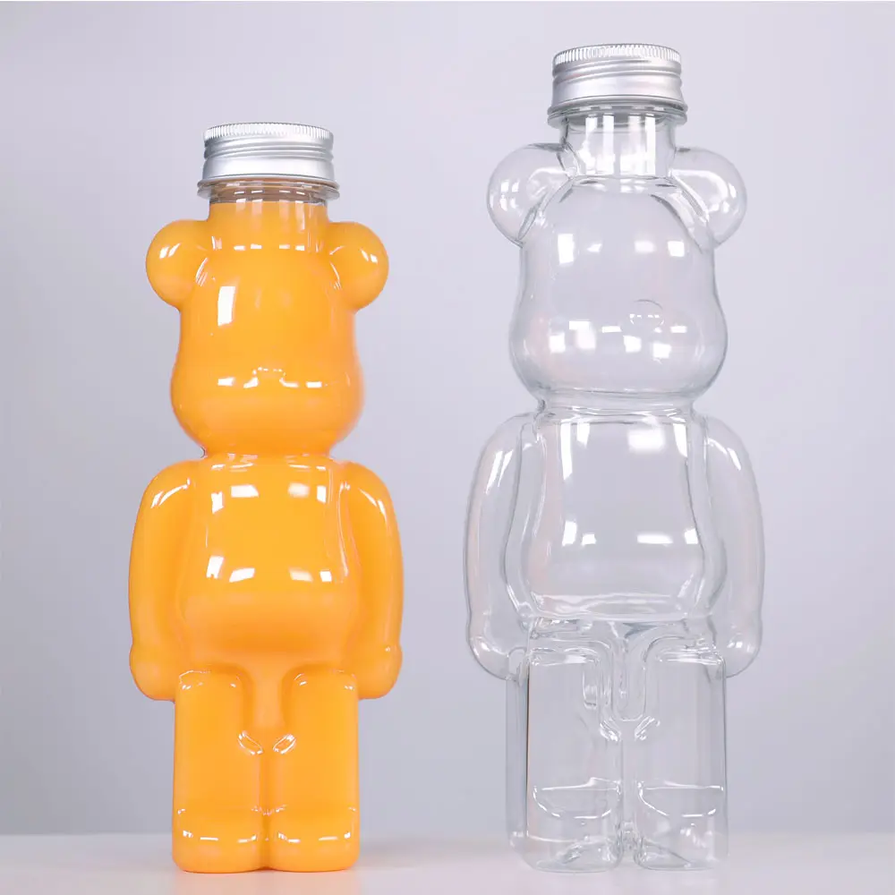 Logo transparent jetable imprimé 400ml 500ml 700ml PET en plastique long ours en forme de jus lait boba bouteille de thé avec tasse