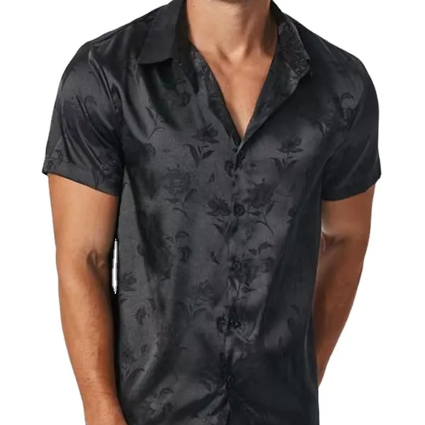 Европейская Роза рубашка с коротким рукавом для мужчин модная мужская простая черная жаккардовая рубашка