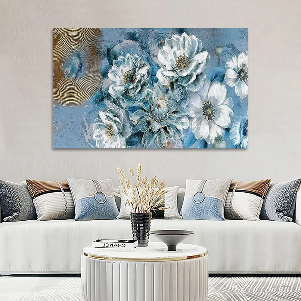 Cyan Blume Leinwand Wand kunst Magnolie Weiße Blumenmalerei Gold Textur grau blau Malerei Kunstwerk Wohnzimmer Dekoration