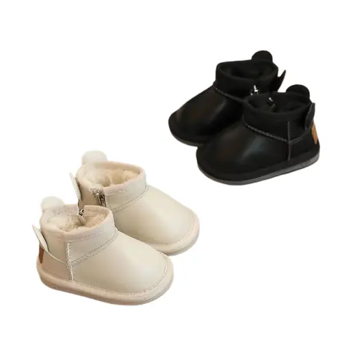 Botas de nieve antideslizantes para niños y niñas, zapatos de invierno de suela de PVC con dibujos animados de vaca, botines cálidos de corte bajo sin cordones