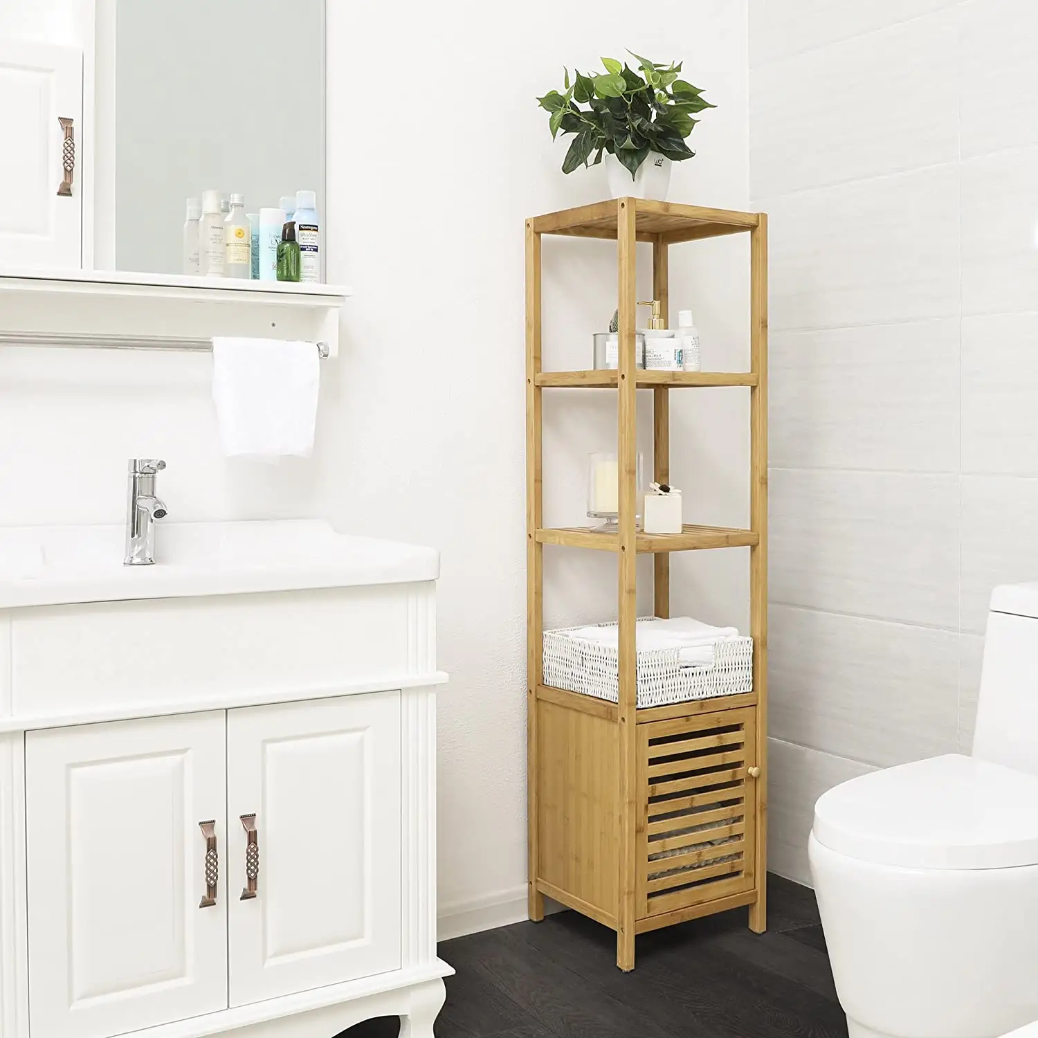 Bamboo bathroom vanity cabinet Bathroom Tower Storage Shelf