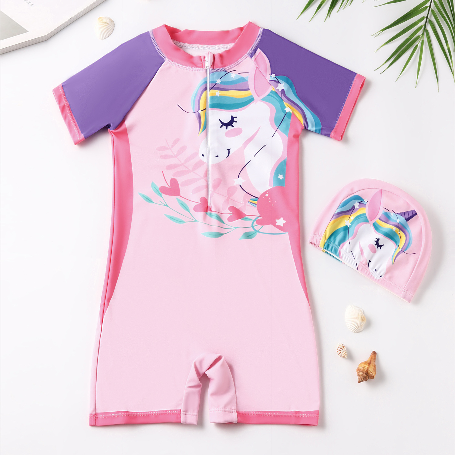 Maillot de bain une pièce cheval arc-en-ciel pastel (maillot + bonnet de bain)