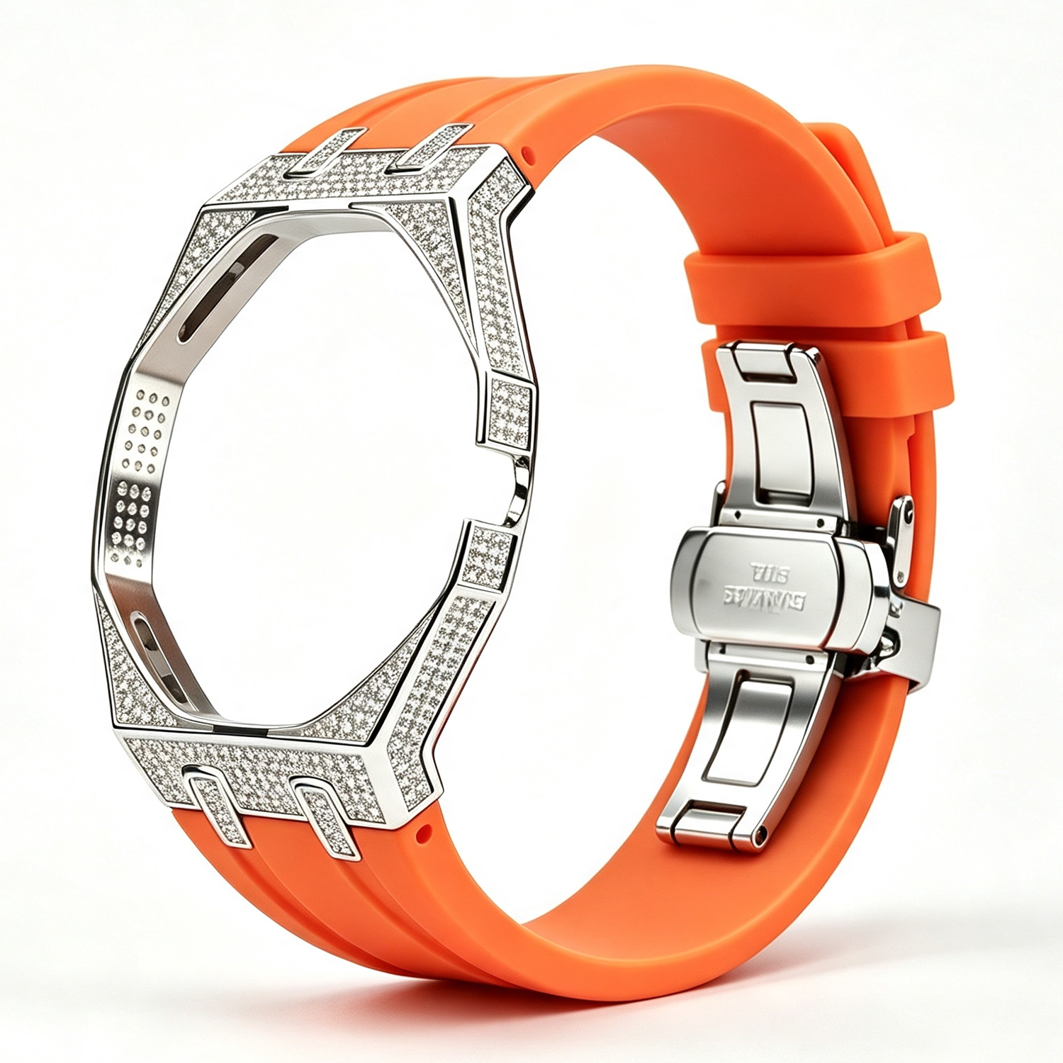 Banda naranja con diamante plateado a las 3 en punto.