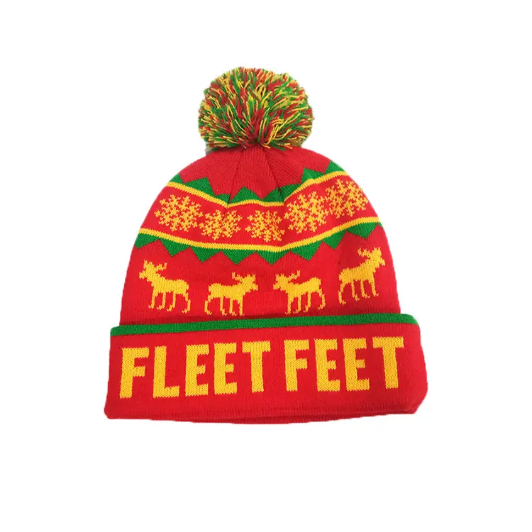 Free Knitting Pattern Jacquard Custom Logo 100%Acrylic Winter Warm Beanie Hat Caps with Pom