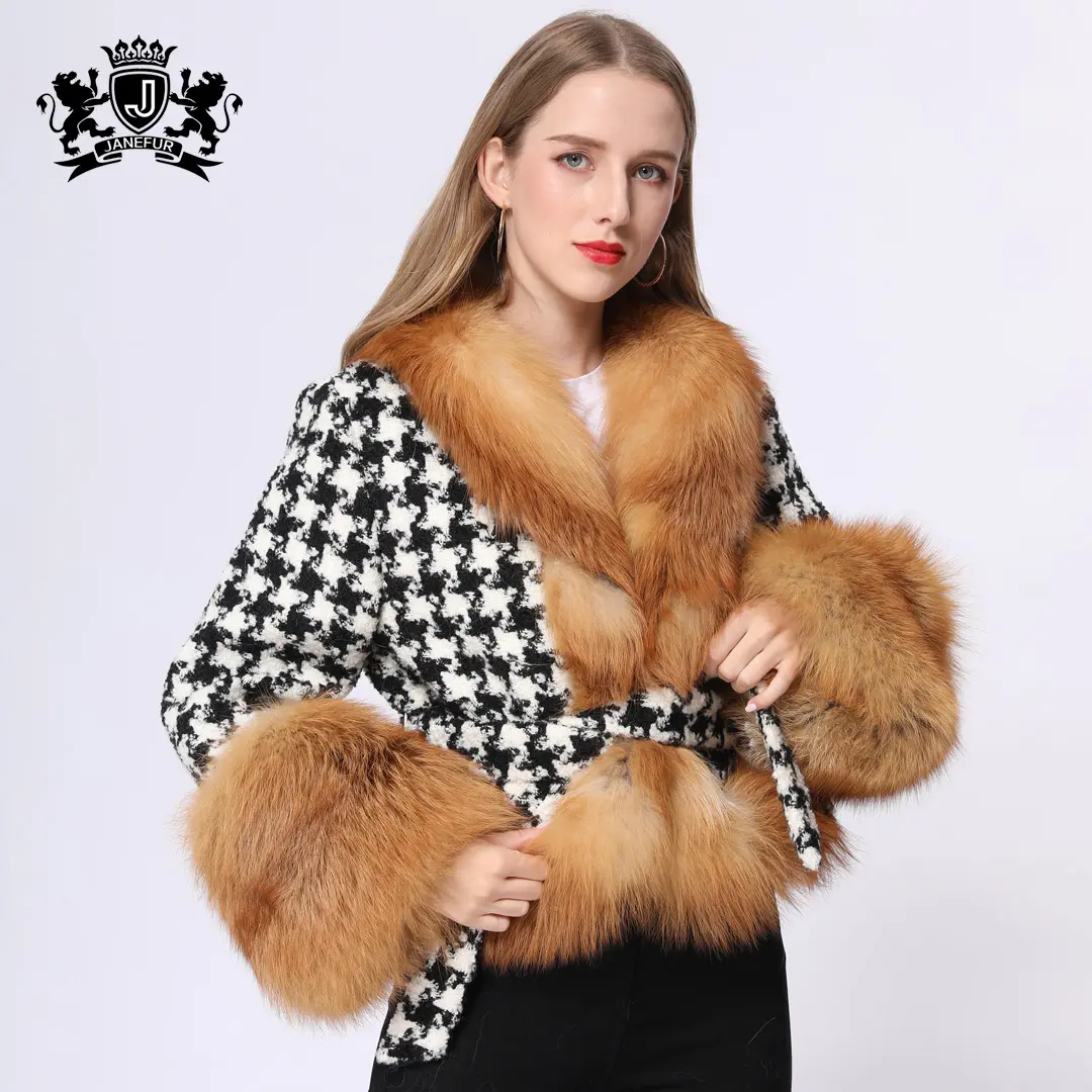 Janefur Nuovo Inverno di Modo di Autunno Elegante Della Signora del Plaid Sottile del Bicchierino Giacca di Tweed Miscele Tuta Sportiva Femminile delle Donne di Lana Pelliccia di Volpe cappotto