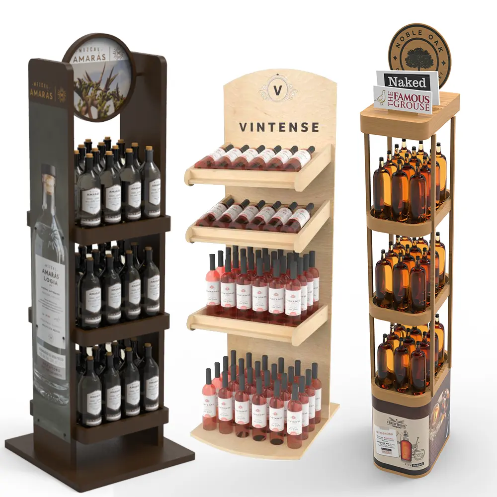 Ahşap ekran sıcak satış Modern ahşap şarap sergileme rafı zemin standı ve mağaza teşhir standları için raf özel logolar