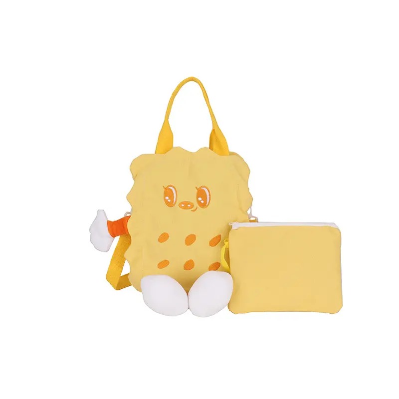 Bolso de estudiante de lona con diseño de galleta de dibujos animados lindo japonés, bolso cruzado de queso con bordado personalizado para niña dulce