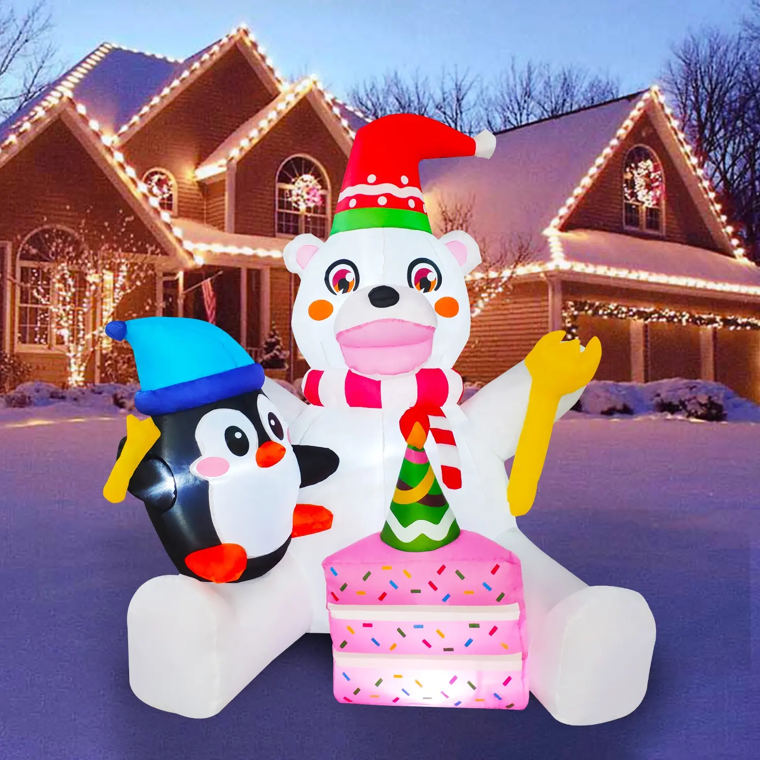 5 피트 재미있는 북극곰은 케이크를 먹는다 LED 조명으로 풍선 크리스마스 장식 야외 파티 용품 장식
