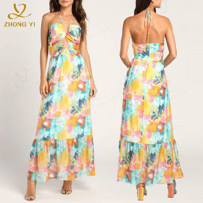 Vestido bohemio de verano para mujer personalizado Multicolor gráfico Ditsy estampado Floral espalda descubierta Sling recorte suelto acampanado Casual Maxi vestidos