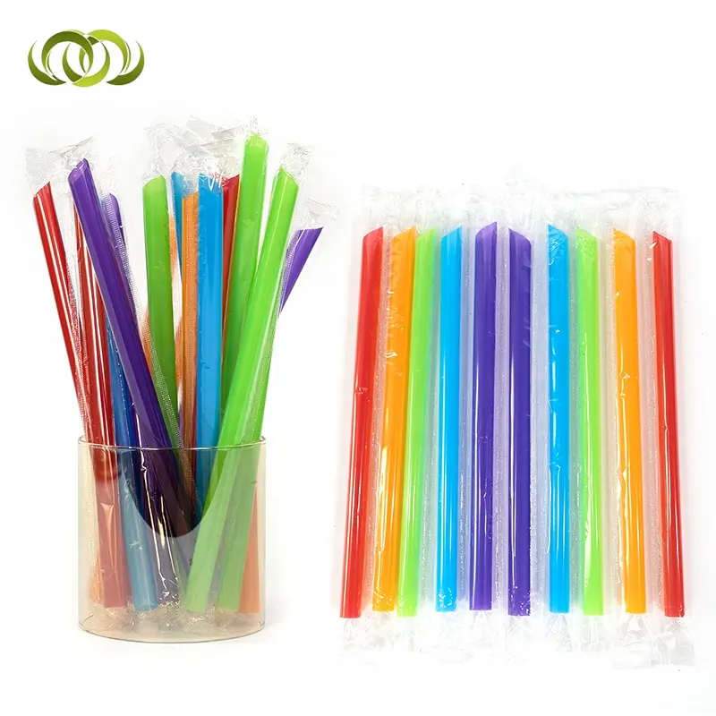 Оптовая продажа индивидуально упакованные острые пирсинг разных цветов сверхширокие одноразовые пластиковые соломинки для смузи