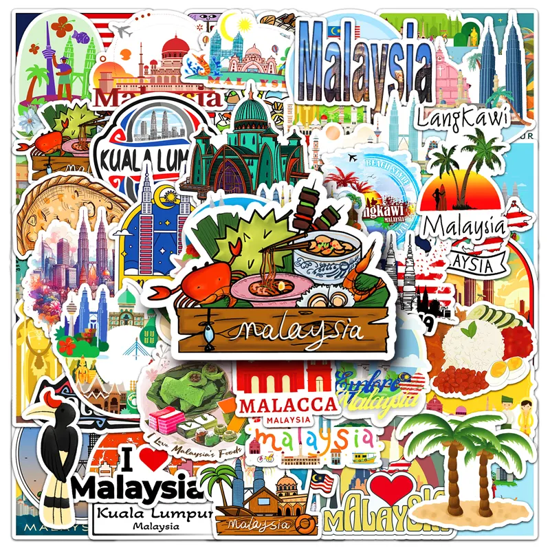 50 miếng dán phong cảnh Malaysia kỷ niệm du lịch đề can chống nước graffiti hoạt hình trang trí máy tính xách tay dán hành lý tự làm