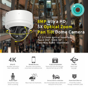 8MP IP圆顶安全摄像机4K PTZ 5X光学变焦60英尺红外夜视平移0 ~ 355倾斜0 ~ 90防水IP66 WiFi和IP PoE