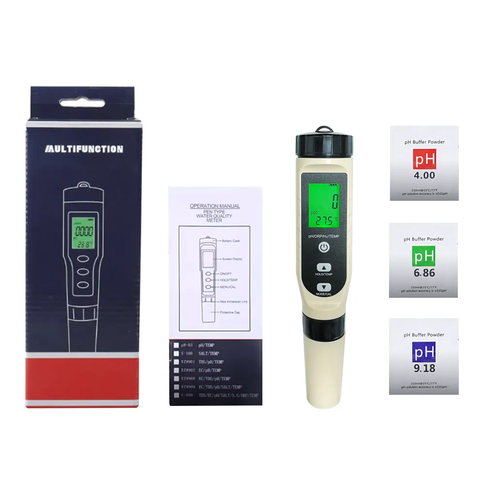 Medidor Digital de hidrógeno Rico 4 en 1pH H2, medidor de pH/ORP/H2/temperatura para la calidad del agua