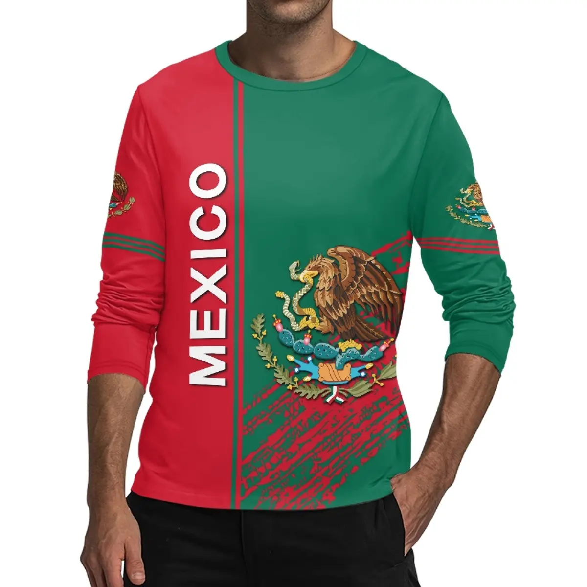 新製品のカスタマイズメキシコ国旗高級デザイナーメンズ長袖Tシャツ低MOQメンズストリートウェア昇華Tシャツ