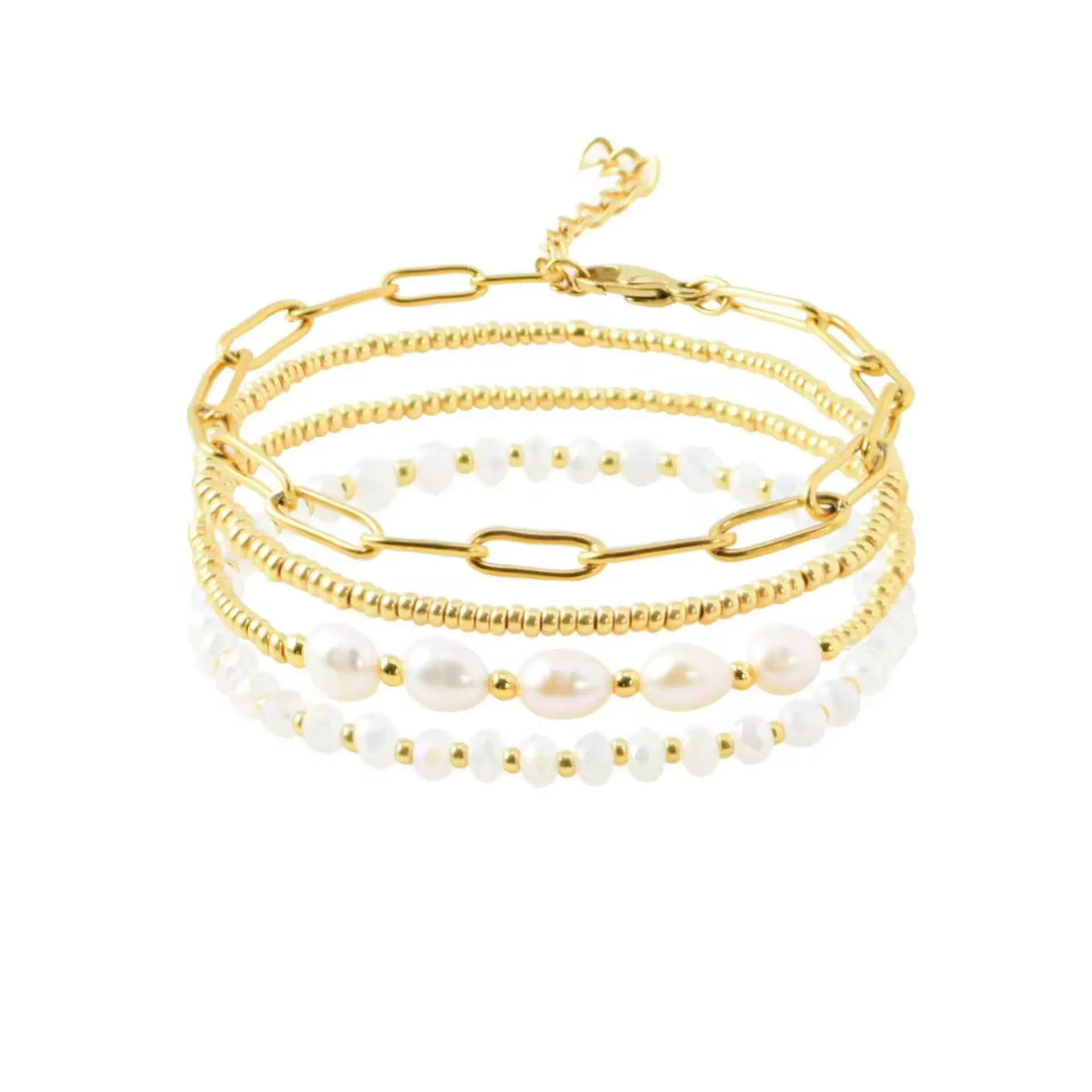 Perhiasan sederhana baja tahan karat gelang kristal mutiara 4 buah Set manik-manik unik emas perhiasan Fashion wanita