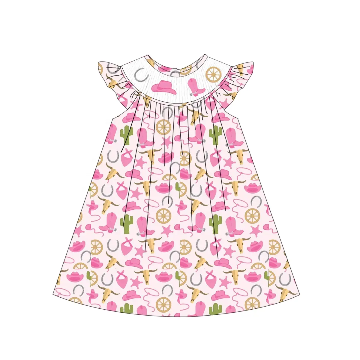 Puresun Cowgirl gedruckt Großhandel Smockkleid Smocked Kinderkleidung kleines Mädchen Sommerkleid