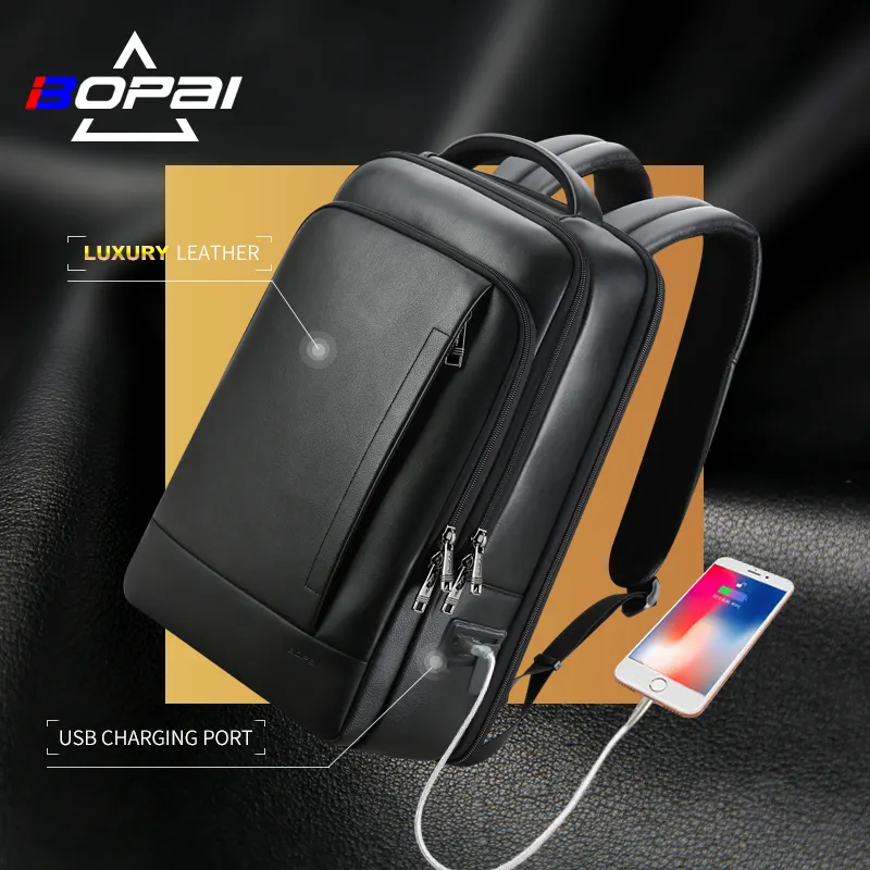 Bopai BSCI-mochila personalizada OEM para hombre, bolso de viaje de piel de vaca 15,6, con carga usb, de lujo, de cuero genuino, para ordenador portátil