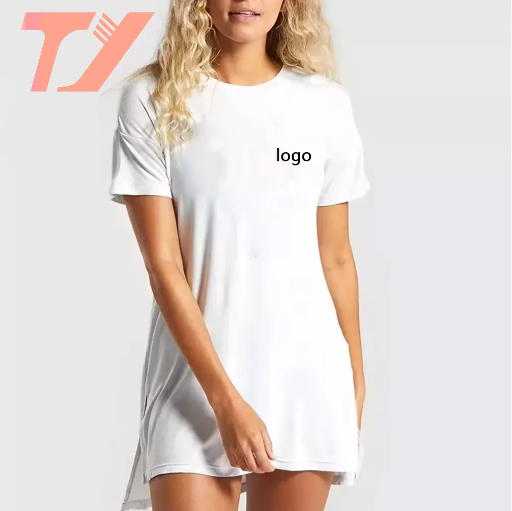 Tuoiy Camiseta feminina casual plus size personalizada de algodão ammonizado de comprimento médio, frontal curta e com fenda lateral longa, ideal para mulheres