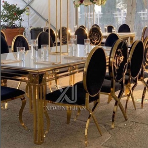 Moderner Edelstahlrahmen Goldener Hochzeitstisch Hochwertige Hotelmöbel Esstisch für Empfänge Spiegelglas Eventtisch - Product Image 4