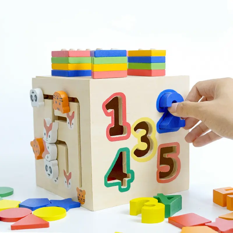 6 dalam 1 bayi kubus kayu susun blok bangunan bentuk anak-anak belajar prasekolah pendidikan Montessori mainan kayu