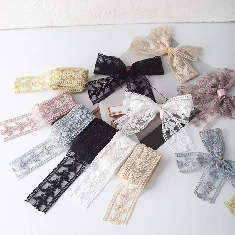 4CM wide colorful mesh small bar code bow headwear Garment accessories diy decorative Milk silk embroidery lace