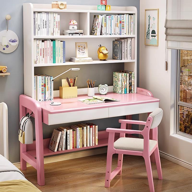 Bureau et chaise en bois massif blanc rosé à hauteur réglable